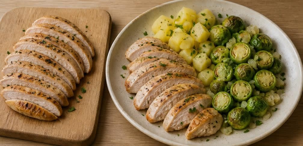 Saftige Putenbrust mit mildem Rosenkohl und Butterkartoffeln – Zubereitung Schritt für Schritt – Anrichten