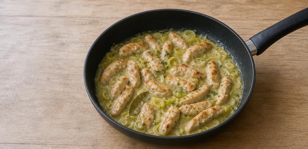 Hähnchenbrust auf cremigem Lauchgemüse mit Vollkornreis – Zubereitung Schritt für Schritt – Hähnchen in Soße erwärmen