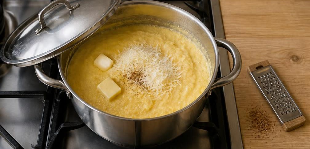 Scharf angebratenes Rinderfilet mit Knoblauch-Zucchini und cremiger Polenta – Zubereitung Schritt für Schritt – Cremige Polenta verfeinern