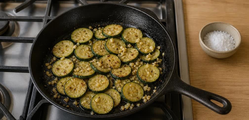 Scharf angebratenes Rinderfilet mit Knoblauch-Zucchini und cremiger Polenta – Zubereitung Schritt für Schritt – Zucchini anbraten