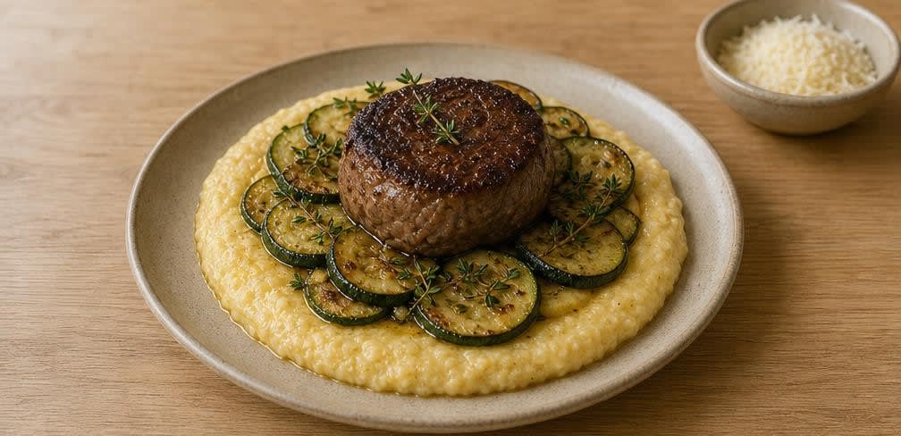 Scharf angebratenes Rinderfilet mit Knoblauch-Zucchini und cremiger Polenta – Zubereitung Schritt für Schritt – Anrichten