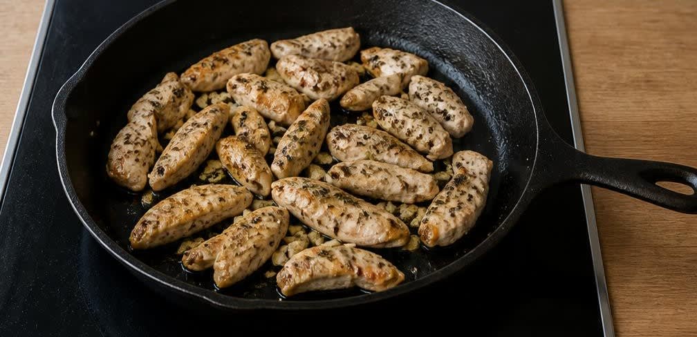 Italienische Putenbrust-Pfanne mit Brokkoli und Vollkorn-Penne – Zubereitung Schritt für Schritt – Putenbrust anbraten