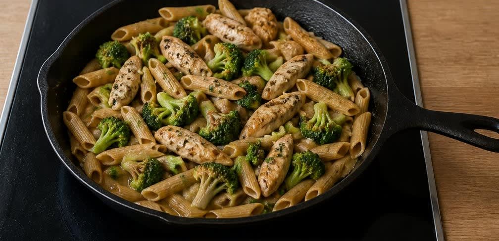 Italienische Putenbrust-Pfanne mit Brokkoli und Vollkorn-Penne – Zubereitung Schritt für Schritt – Penne und Brokkoli hinzufügen