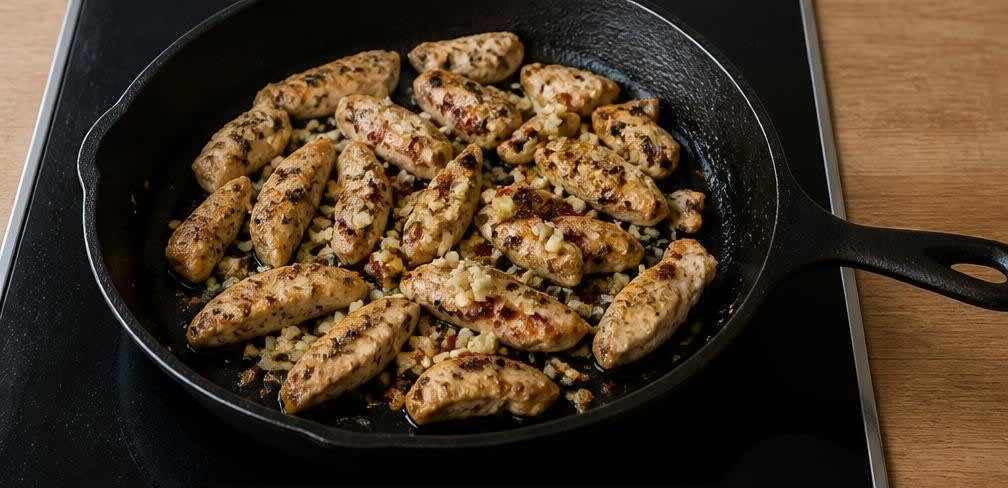 Italienische Putenbrust-Pfanne mit Brokkoli und Vollkorn-Penne – Zubereitung Schritt für Schritt – Knoblauch andünsten