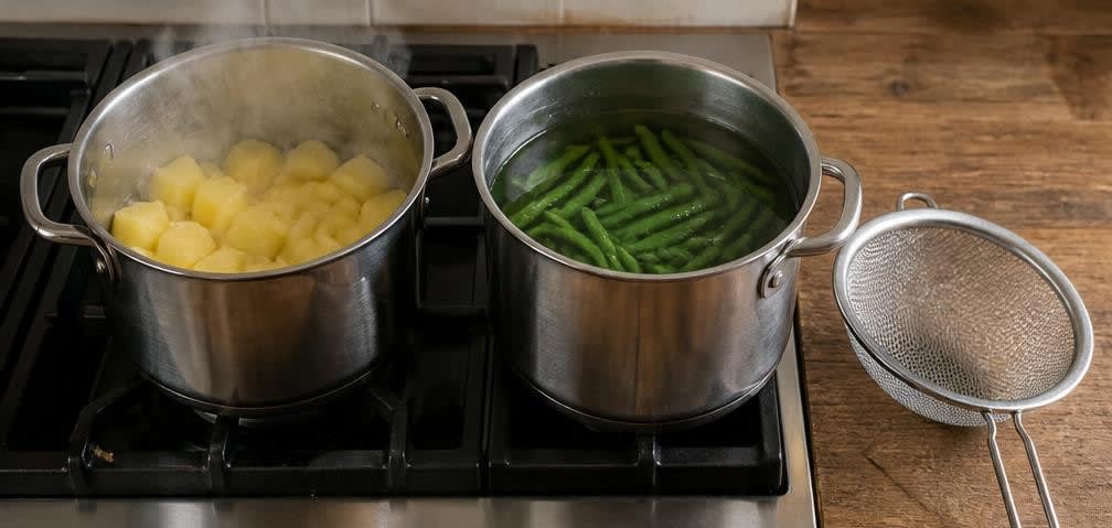 Klassische britische Hähnchenbrust mit Bohnen und Knusperkartoffeln – Zubereitung Schritt für Schritt – Kartoffeln und Bohnen garen