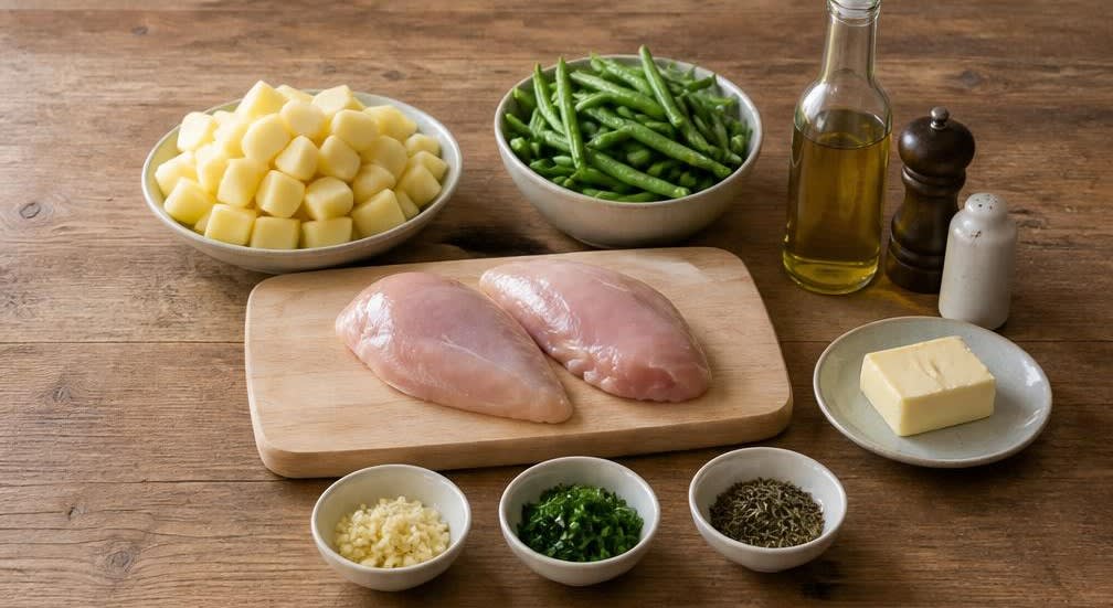 Klassische britische Hähnchenbrust mit Bohnen und Knusperkartoffeln – Zutaten