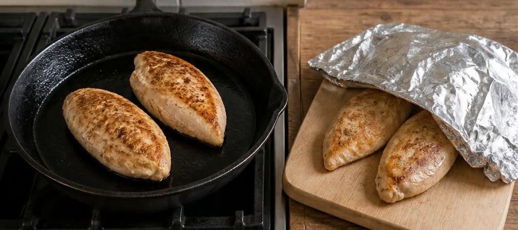 Klassische britische Hähnchenbrust mit Bohnen und Knusperkartoffeln – Zubereitung Schritt für Schritt – Hähnchenbrust anbraten