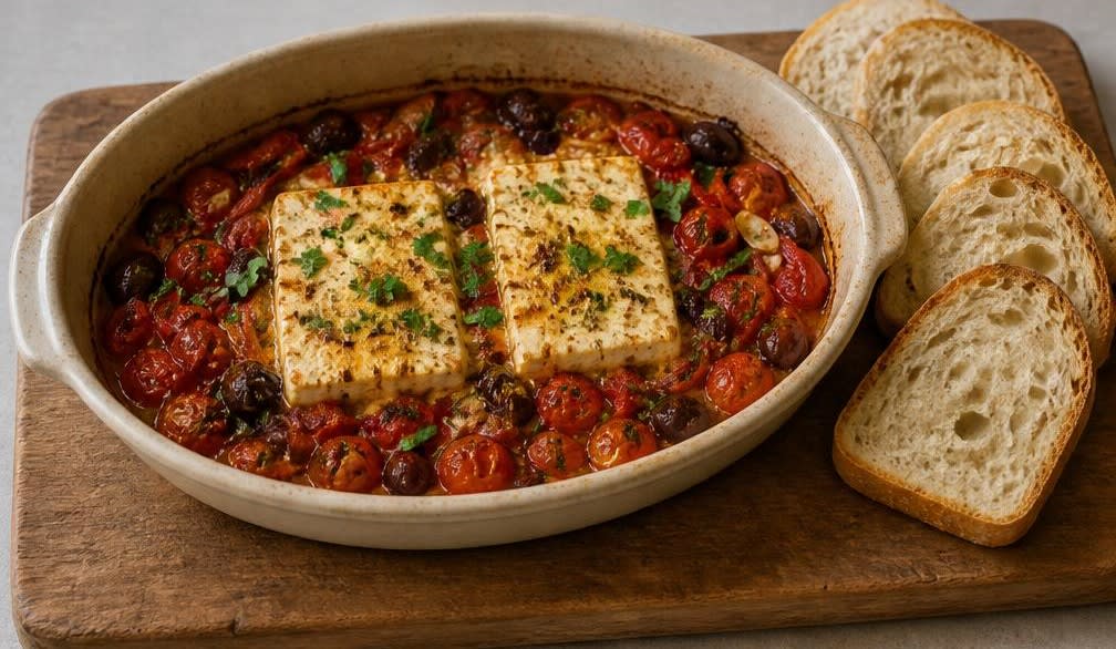 Griechischer Ofenfeta mit Tomaten und Kalamata-Oliven – Zubereitung Schritt für Schritt – Anrichten und servieren