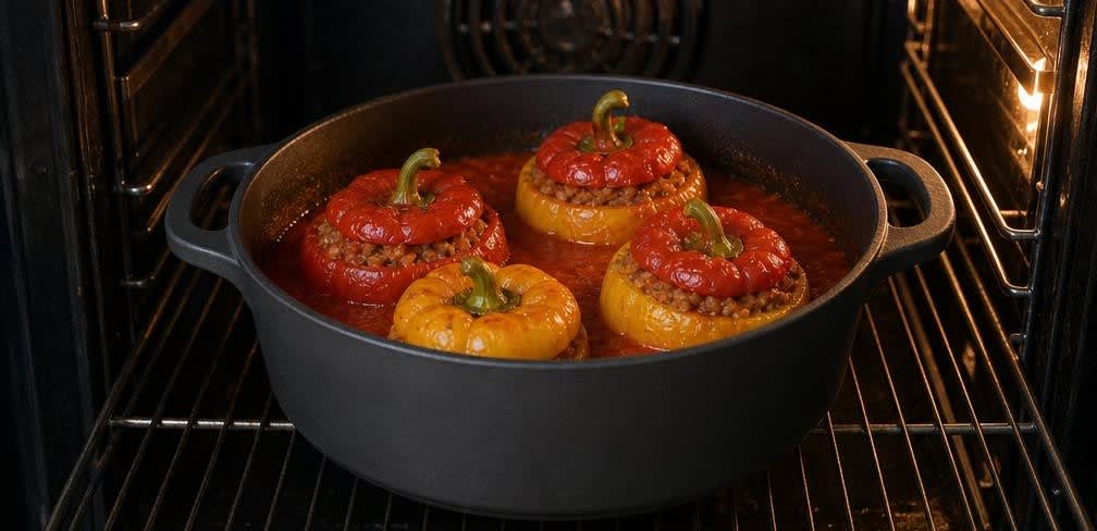 Osteuropäische Gefüllte Paprika in feiner Tomatensauce – Zubereitung Schritt für Schritt – Im Ofen schmoren
