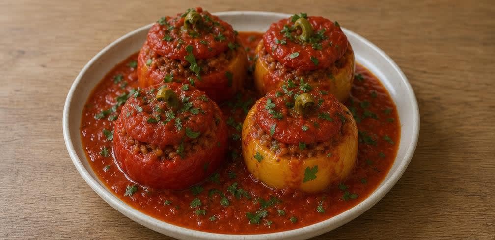 Osteuropäische Gefüllte Paprika in feiner Tomatensauce – Zubereitung Schritt für Schritt – Anrichten