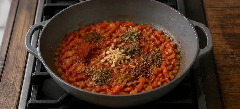 Griechische Shakshuka mit Paprika und Feta – Zubereitung Schritt für Schritt – Gewürze mitrösten