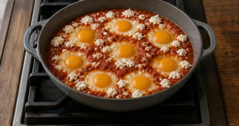Griechische Shakshuka mit Paprika und Feta – Zubereitung Schritt für Schritt – Eier und Feta hinzufügen