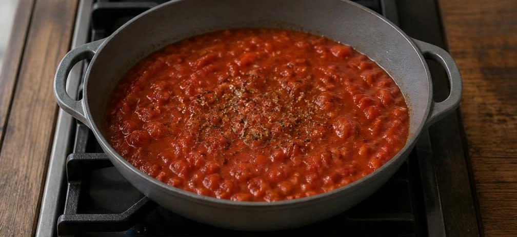 Griechische Shakshuka mit Paprika und Feta – Zubereitung Schritt für Schritt – Tomatensauce einkochen