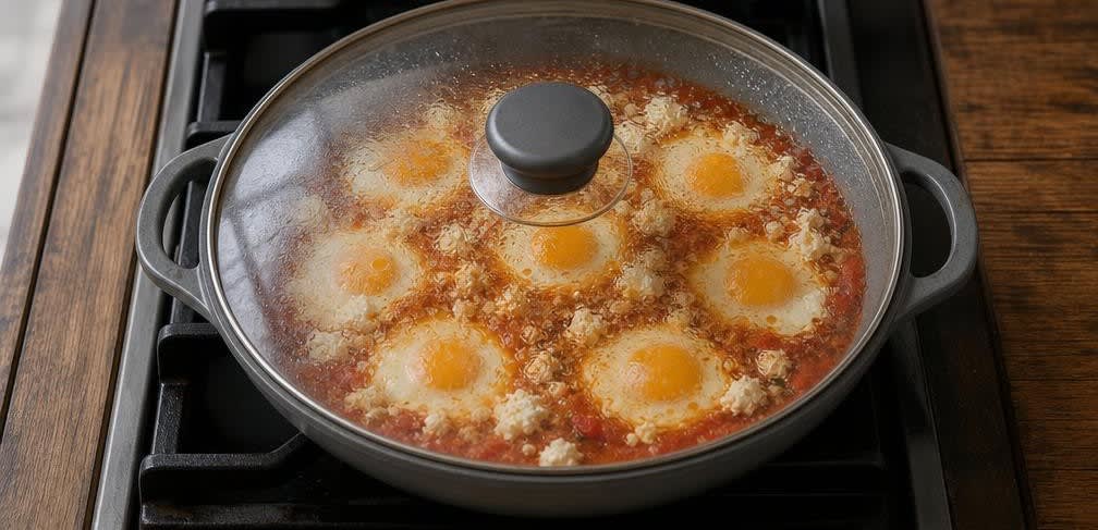 Griechische Shakshuka mit Paprika und Feta – Zubereitung Schritt für Schritt – Shakshuka pochieren