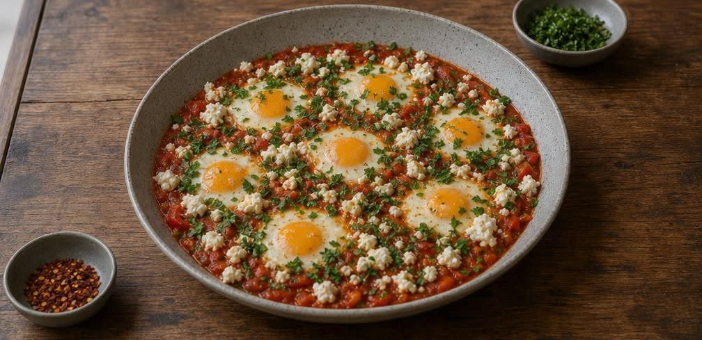 Griechische Shakshuka mit Paprika und Feta – Zubereitung Schritt für Schritt – Anrichten