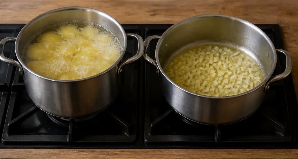 Klassisches Spiegelei auf Rahmspinat mit Kartoffelpüree – Zubereitung Schritt für Schritt – Kartoffeln kochen & Zwiebeln anschwitzen
