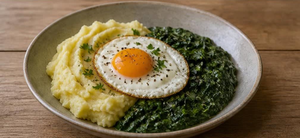 Klassisches Spiegelei auf Rahmspinat mit Kartoffelpüree – Zubereitung Schritt für Schritt – Anrichten