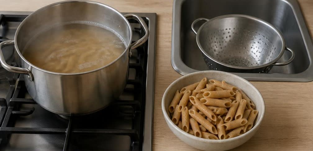 Französisches Champignon-Hähnchen mit Vollkornnudeln – Zubereitung Schritt für Schritt – Nudeln kochen