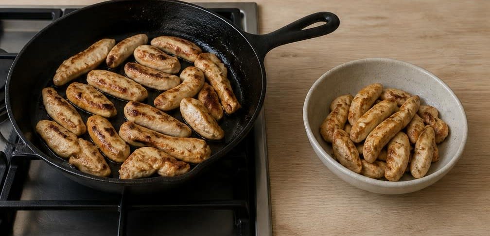 Französisches Champignon-Hähnchen mit Vollkornnudeln – Zubereitung Schritt für Schritt – Hähnchen anbraten