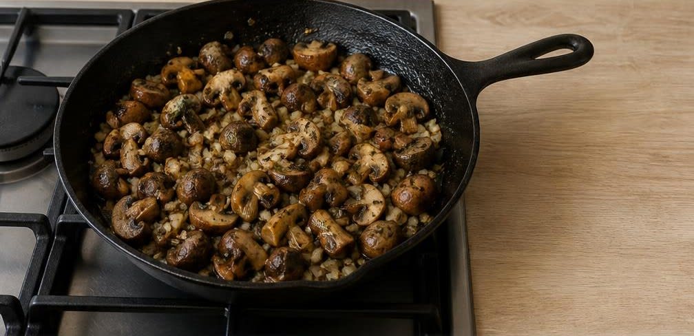 Französisches Champignon-Hähnchen mit Vollkornnudeln – Zubereitung Schritt für Schritt – Pilze und Zwiebeln anbraten