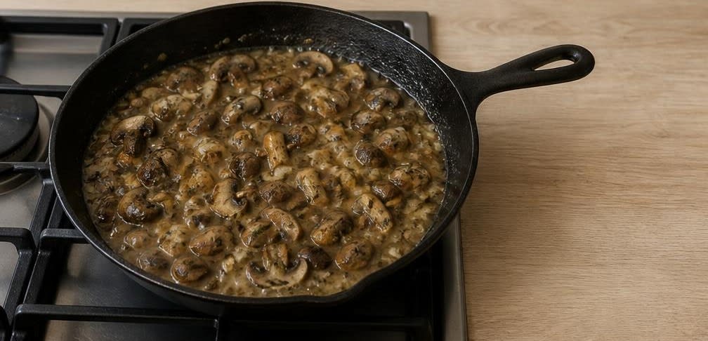 Französisches Champignon-Hähnchen mit Vollkornnudeln – Zubereitung Schritt für Schritt – Sauce einkochen