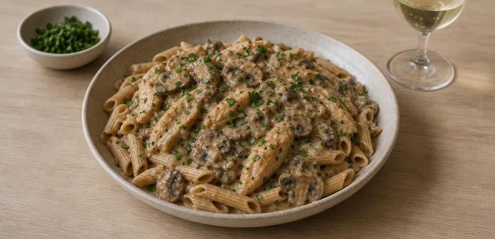 Französisches Champignon-Hähnchen mit Vollkornnudeln – Zubereitung Schritt für Schritt – Anrichten