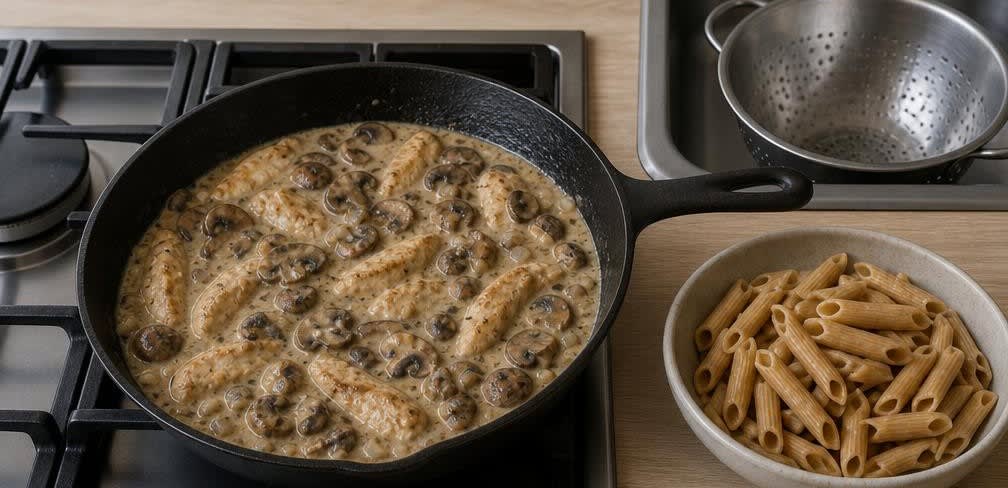 Französisches Champignon-Hähnchen mit Vollkornnudeln – Zubereitung Schritt für Schritt – Sauce fertigstellen