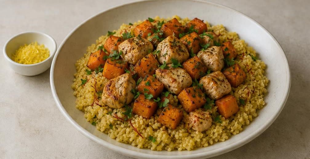 Spanische Putenbrust mit geröstetem Kürbis und Safran-Quinoa – Zubereitung Schritt für Schritt – Gericht anrichten