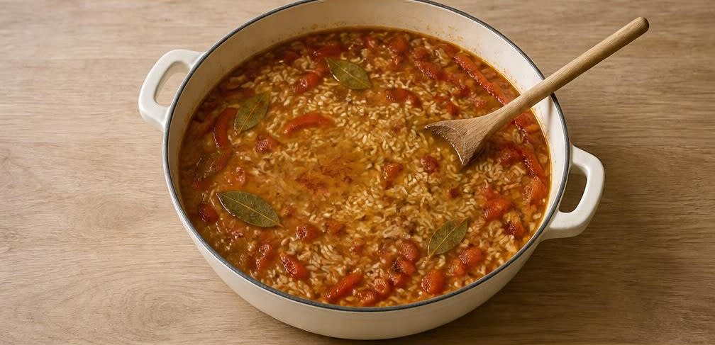 Spanisches Ofenhähnchen mit Paprika-Aroma-Reis – Zubereitung Schritt für Schritt – Reis einrühren und aufgießen