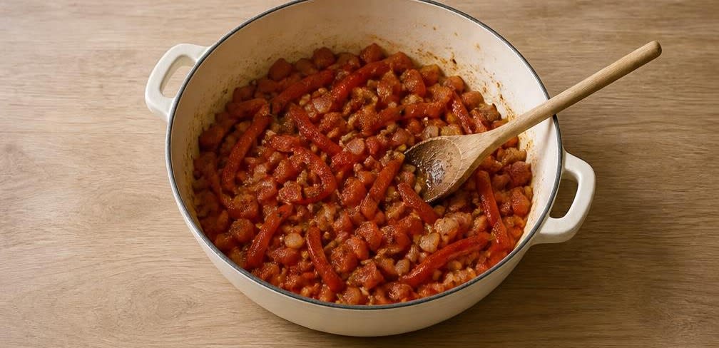Spanisches Ofenhähnchen mit Paprika-Aroma-Reis – Zubereitung Schritt für Schritt – Gemüse andünsten