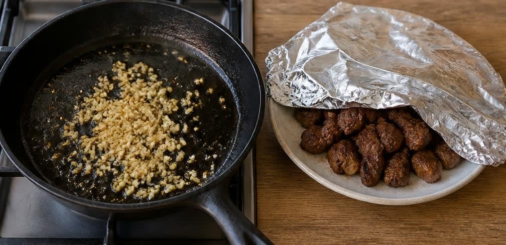 Rinderfilet-Bowl mit Brokkoli und Vollkornreis – Zubereitung Schritt für Schritt – Knoblauch anrösten