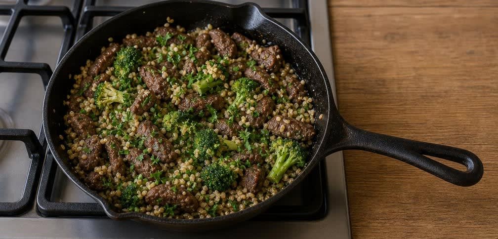 Rinderfilet-Bowl mit Brokkoli und Vollkornreis – Zubereitung Schritt für Schritt – Bowl vermischen