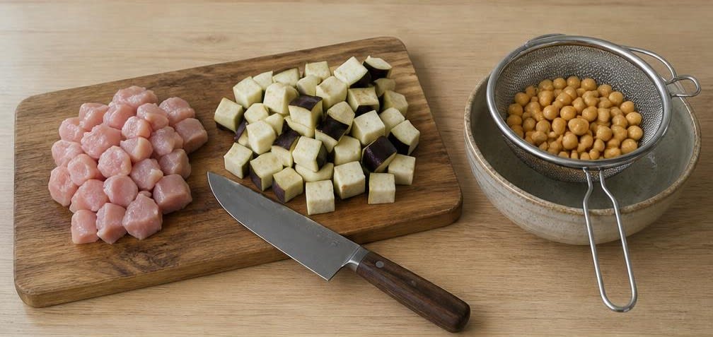 Marokkanische Putenbrust-Pfanne mit Aubergine und Kichererbsen – Zubereitung Schritt für Schritt – Vorbereiten