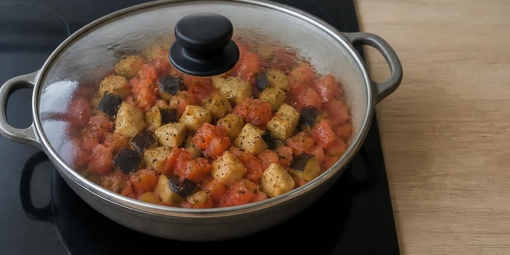 Marokkanische Putenbrust-Pfanne mit Aubergine und Kichererbsen – Zubereitung Schritt für Schritt – Gemüse schmoren