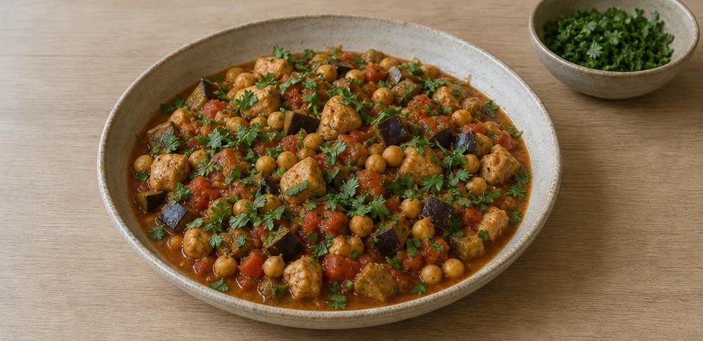 Marokkanische Putenbrust-Pfanne mit Aubergine und Kichererbsen – Zubereitung Schritt für Schritt – Anrichten