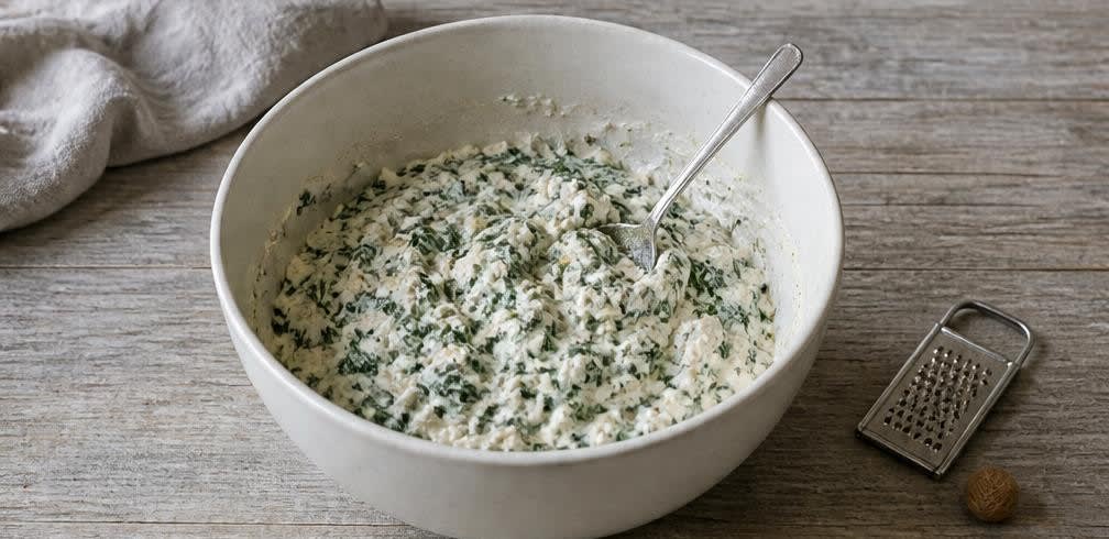 Überbackene Hähnchenbrust mit Spinat-Hüttenkäse-Füllung – Zubereitung Schritt für Schritt – Füllung herstellen