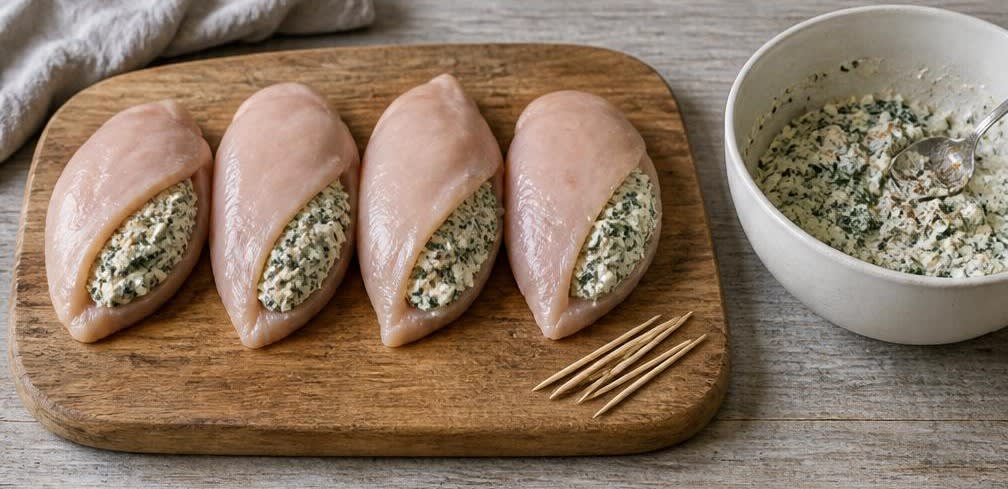 Überbackene Hähnchenbrust mit Spinat-Hüttenkäse-Füllung – Zubereitung Schritt für Schritt – Hähnchen füllen