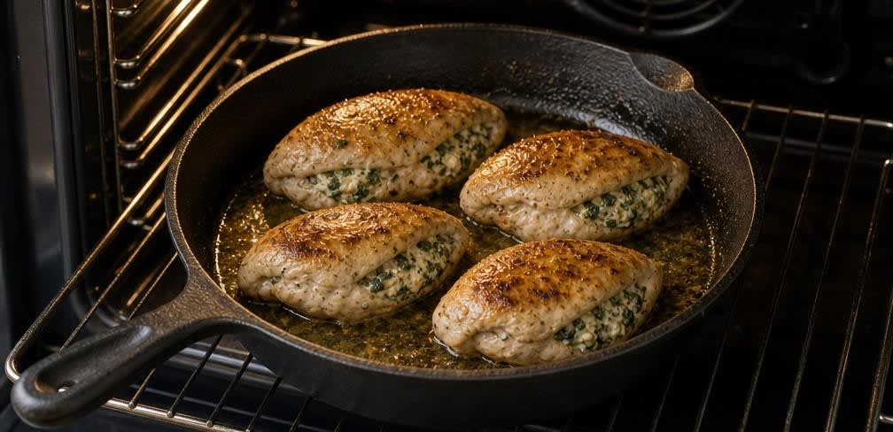 Überbackene Hähnchenbrust mit Spinat-Hüttenkäse-Füllung – Zubereitung Schritt für Schritt – Im Ofen garen