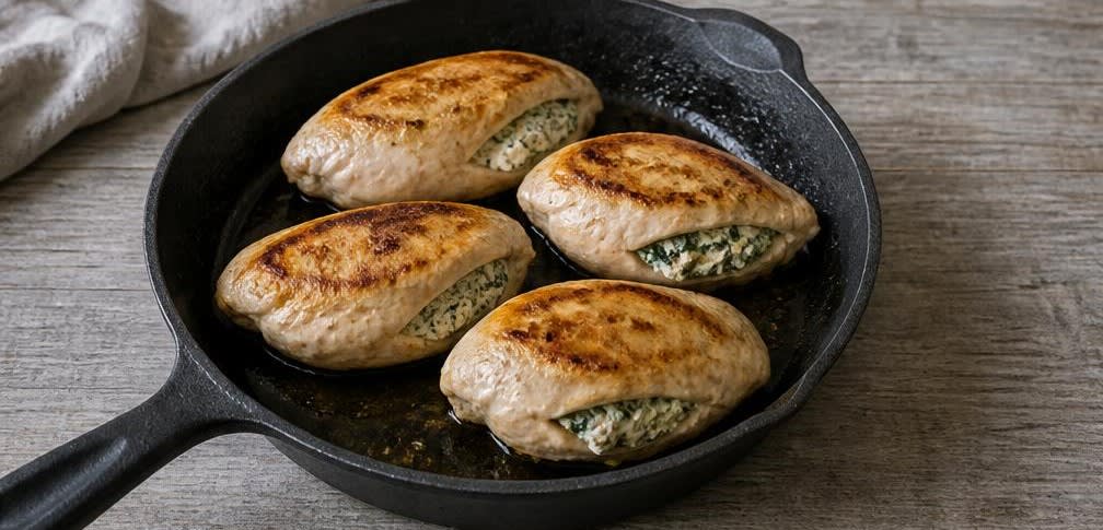 Überbackene Hähnchenbrust mit Spinat-Hüttenkäse-Füllung – Zubereitung Schritt für Schritt – Hähnchen anbraten