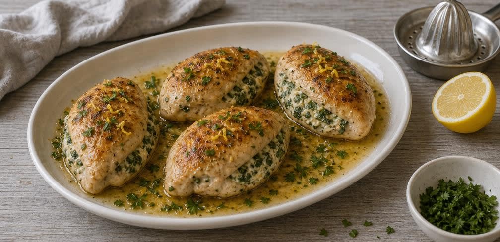 Überbackene Hähnchenbrust mit Spinat-Hüttenkäse-Füllung – Zubereitung Schritt für Schritt – Anrichten