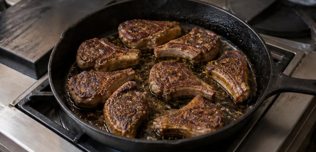 Marokkanische Lammkoteletts mit Zucchini auf aromatisiertem Couscous – Zubereitung Schritt für Schritt – Lammkoteletts anbraten