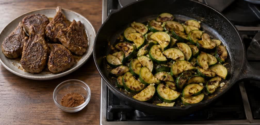 Marokkanische Lammkoteletts mit Zucchini auf aromatisiertem Couscous – Zubereitung Schritt für Schritt – Zucchini anbraten