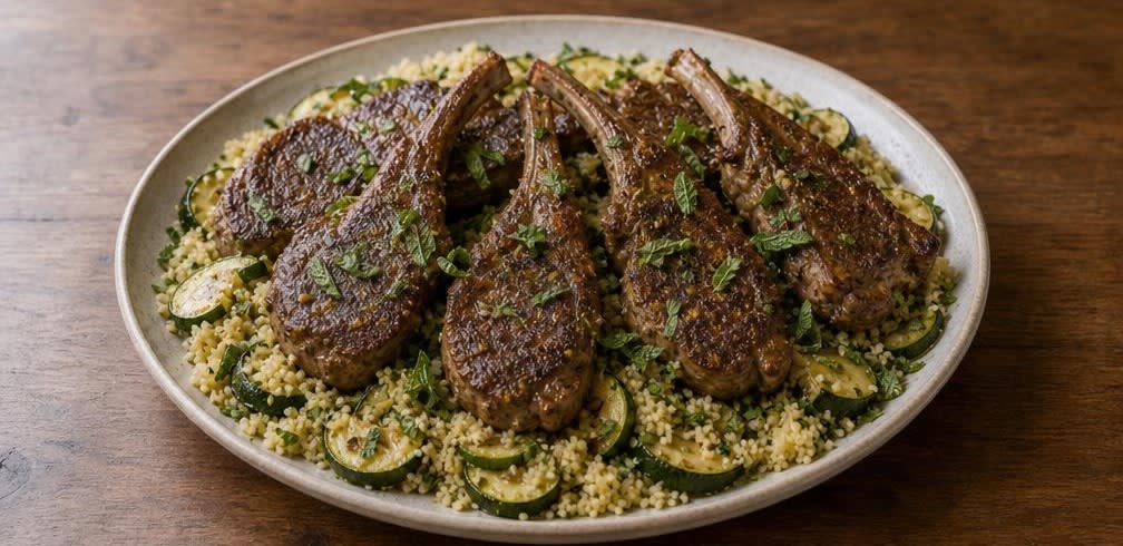 Marokkanische Lammkoteletts mit Zucchini auf aromatisiertem Couscous – Zubereitung Schritt für Schritt – Anrichten