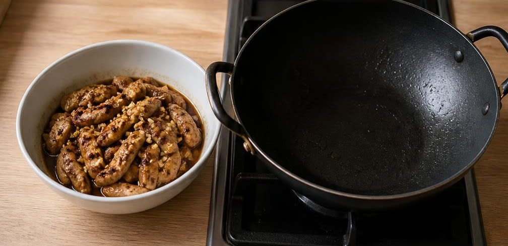 Knackiges Putenbrust-Stir-Fry mit Pak Choi auf Vollkornreis – Zubereitung Schritt für Schritt – Putenbrust anbraten