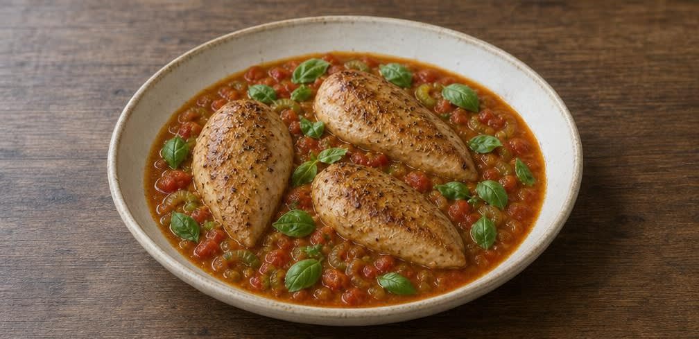 Sautierte Hähnchenbrust in Tomaten-Sellerie-Sud – Zubereitung Schritt für Schritt – Anrichten