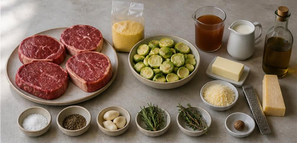 Sirloin-Steak mit gebratenem Rosenkohl und parmesan-cremiger Polenta – Zutaten