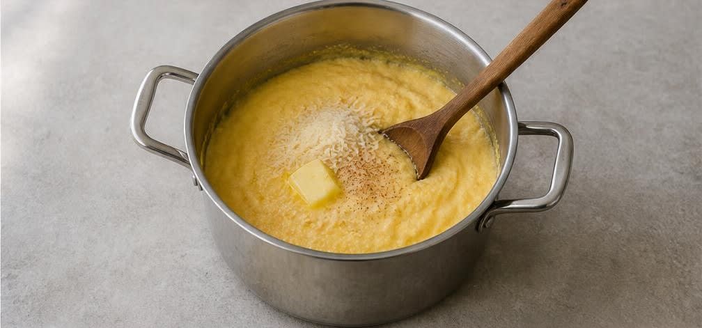 Sirloin-Steak mit gebratenem Rosenkohl und parmesan-cremiger Polenta – Zubereitung Schritt für Schritt – Polenta zubereiten