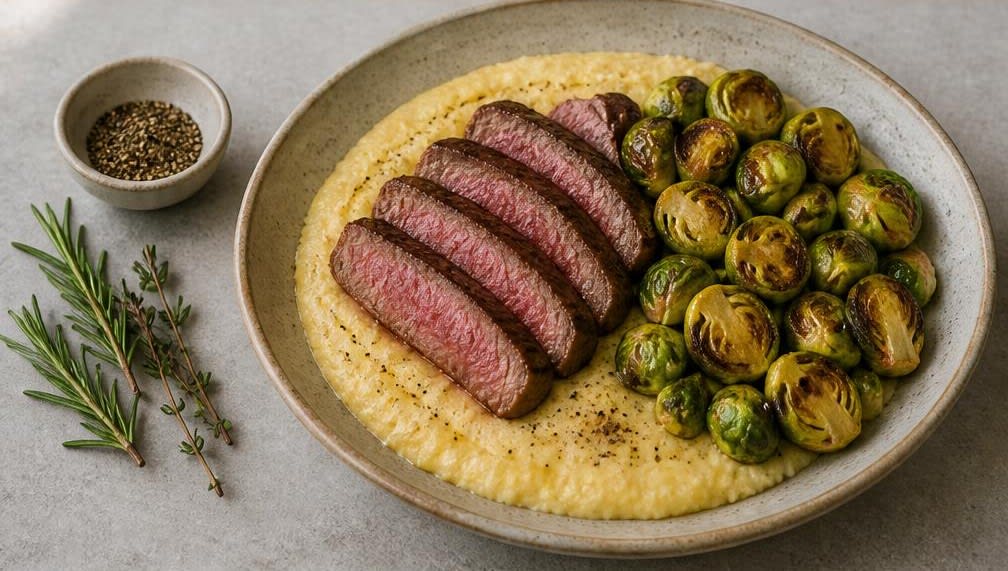 Sirloin-Steak mit gebratenem Rosenkohl und parmesan-cremiger Polenta – Zubereitung Schritt für Schritt – Anrichten und servieren