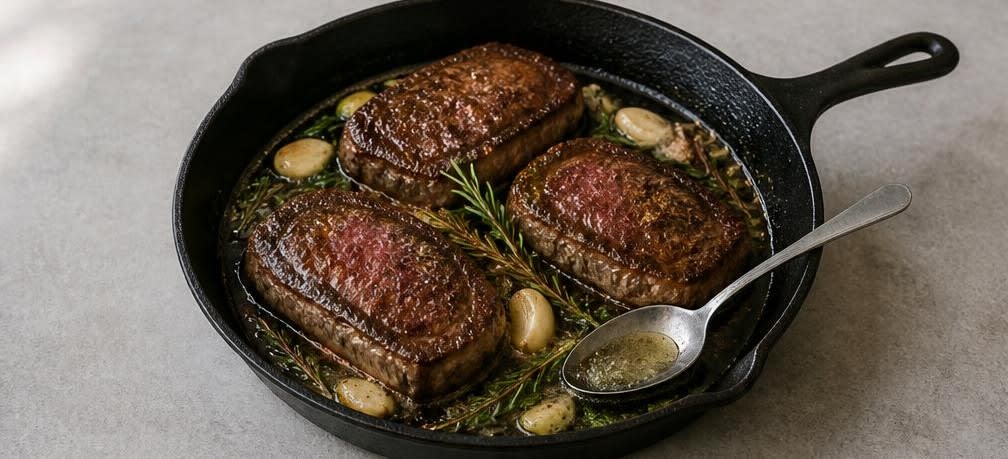 Sirloin-Steak mit gebratenem Rosenkohl und parmesan-cremiger Polenta – Zubereitung Schritt für Schritt – Steak arrosieren