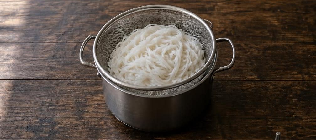 Hähnchenbrust mit Mungbohnensprossen und Reisnudeln aus dem Wok – Zubereitung Schritt für Schritt – Reisnudeln einweichen
